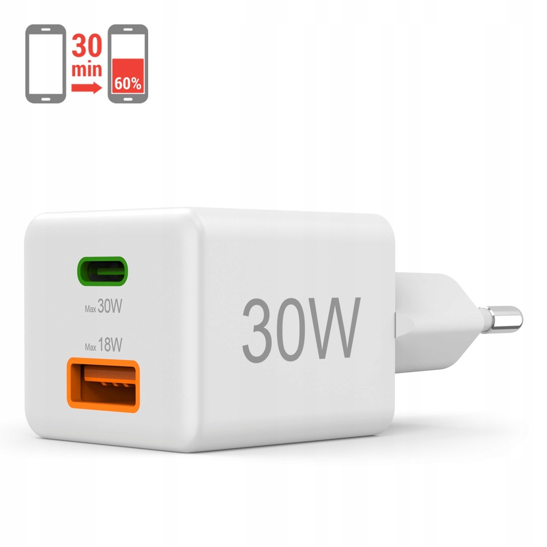 Hama MINI sieťová nabíjačka 30W, rýchle nabíjanie, USB-A port, USB-C biely